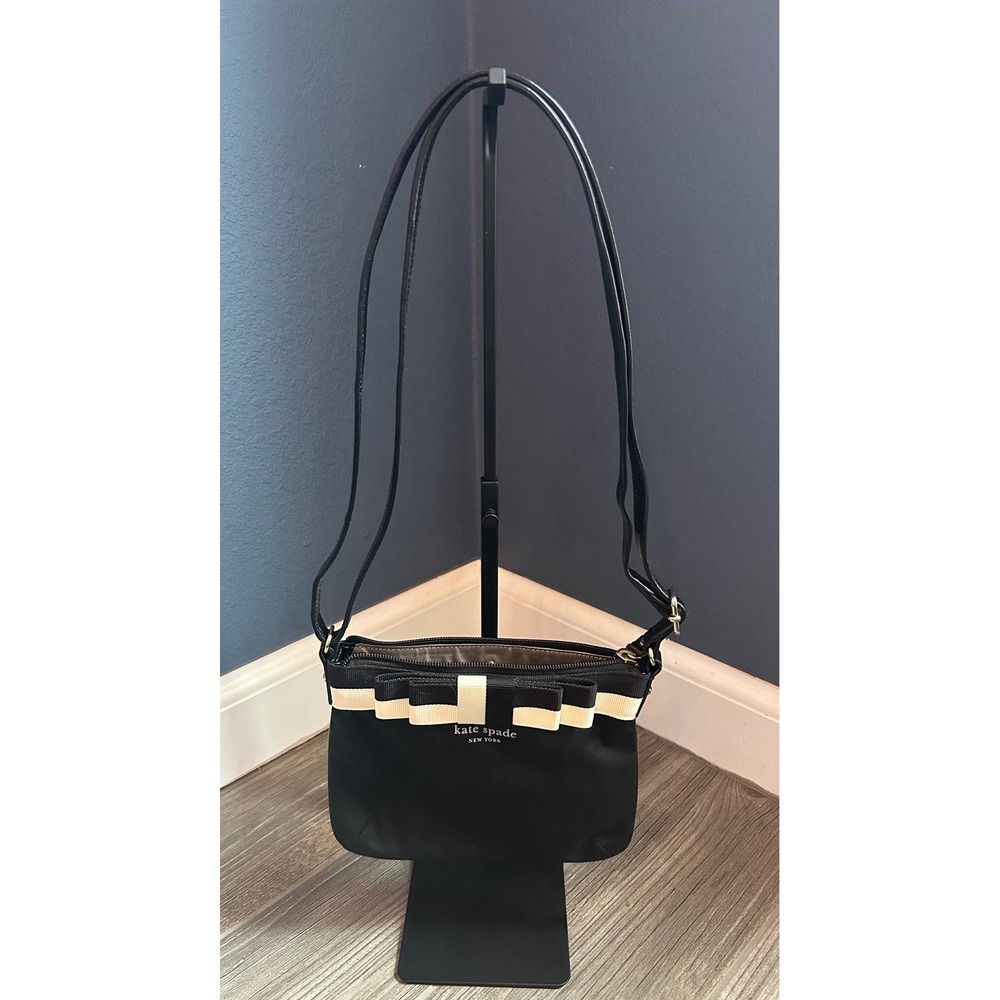 Kate‎ Spade New York Black Nylon Bow Crossbody Bag Adjustable Strap Silver Logo